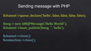 Sending message with PHP
$channel->queue_declare('hello', false, false, false, false);
$msg = new AMQPMessage('Hello World!');
$channel->basic_publish($msg, '', 'hello');
$channel->close();
$connection->close();
 