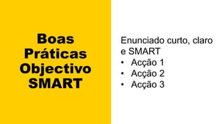 Boas
Práticas
Objectivo
SMART
Enunciado curto, claro
e SMART
• Acção 1
• Acção 2
• Acção 3
 