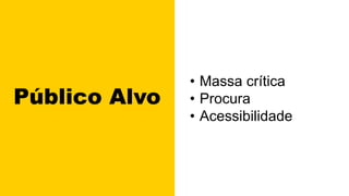 Público Alvo
• Massa crítica
• Procura
• Acessibilidade
 