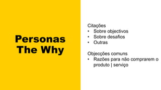 Personas
The Why
Citações
• Sobre objectivos
• Sobre desafios
• Outras
Objecções comuns
• Razões para não comprarem o
produto | serviço
 