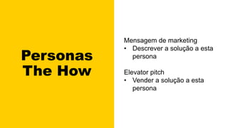 Personas
The How
Mensagem de marketing
• Descrever a solução a esta
persona
Elevator pitch
• Vender a solução a esta
persona
 