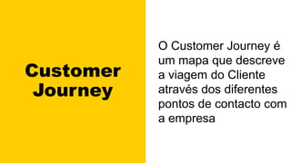 Customer
Journey
O Customer Journey é
um mapa que descreve
a viagem do Cliente
através dos diferentes
pontos de contacto com
a empresa
 