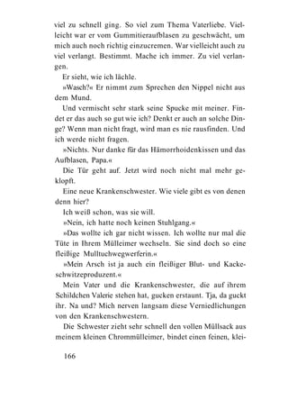 viel zu schnell ging. So viel zum Thema Vaterliebe. Viel-
leicht war er vom Gummitieraufblasen zu geschwächt, um
mich auch noch richtig einzucremen. War vielleicht auch zu
viel verlangt. Bestimmt. Mache ich immer. Zu viel verlan-
gen.
   Er sieht, wie ich lächle.
   »Wasch?« Er nimmt zum Sprechen den Nippel nicht aus
dem Mund.
   Und vermischt sehr stark seine Spucke mit meiner. Fin-
det er das auch so gut wie ich? Denkt er auch an solche Din-
ge? Wenn man nicht fragt, wird man es nie rausfinden. Und
ich werde nicht fragen.
   »Nichts. Nur danke für das Hämorrhoidenkissen und das
Aufblasen, Papa.«
   Die Tür geht auf. Jetzt wird noch nicht mal mehr ge-
klopft.
   Eine neue Krankenschwester. Wie viele gibt es von denen
denn hier?
   Ich weiß schon, was sie will.
   »Nein, ich hatte noch keinen Stuhlgang.«
   »Das wollte ich gar nicht wissen. Ich wollte nur mal die
Tüte in Ihrem Mülleimer wechseln. Sie sind doch so eine
fleißige Mulltuchwegwerferin.«
   »Mein Arsch ist ja auch ein fleißiger Blut- und Kacke-
 schwitzeproduzent.«
   Mein Vater und die Krankenschwester, die auf ihrem
 Schildchen Valerie stehen hat, gucken erstaunt. Tja, da guckt
ihr. Na und? Mich nerven langsam diese Verniedlichungen
von den Krankenschwestern.
   Die Schwester zieht sehr schnell den vollen Müllsack aus
 meinem kleinen Chrommülleimer, bindet einen feinen, klei-

   166
 