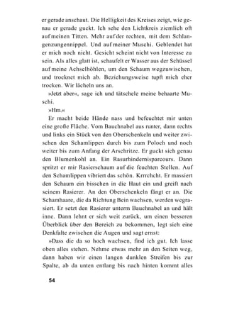 er gerade anschaut. Die Helligkeit des Kreises zeigt, wie ge-
nau er gerade guckt. Ich sehe den Lichtkreis ziemlich oft
auf meinen Titten. Mehr auf der rechten, mit dem Schlan-
genzungennippel. Und auf meiner Muschi. Geblendet hat
er mich noch nicht. Gesicht scheint nicht von Interesse zu
sein. Als alles glatt ist, schaufelt er Wasser aus der Schüssel
auf meine Achselhöhlen, um den Schaum wegzuwischen,
und trocknet mich ab. Beziehungsweise tupft mich eher
trocken. Wir lächeln uns an.
   »Jetzt aber«, sage ich und tätschele meine behaarte Mu-
schi.
   »Hm.«
   Er macht beide Hände nass und befeuchtet mir unten
eine große Fläche. Vom Bauchnabel aus runter, dann rechts
und links ein Stück von den Oberschenkeln und weiter zwi-
schen den Schamlippen durch bis zum Poloch und noch
weiter bis zum Anfang der Arschritze. Er guckt sich genau
den Blumenkohl an. Ein Rasurhindernisparcours. Dann
spritzt er mir Rasierschaum auf die feuchten Stellen. Auf
den Schamlippen vibriert das schön. Krrrchcht. Er massiert
den Schaum ein bisschen in die Haut ein und greift nach
seinem Rasierer. An den Oberschenkeln fängt er an. Die
Schamhaare, die da Richtung Bein wachsen, werden wegra-
siert. Er setzt den Rasierer unterm Bauchnabel an und hält
inne. Dann lehnt er sich weit zurück, um einen besseren
Überblick über den Bereich zu bekommen, legt sich eine
Denkfalte zwischen die Augen und sagt ernst:
   »Dass die da so hoch wachsen, find ich gut. Ich lasse
oben alles stehen. Nehme etwas mehr an den Seiten weg,
dann haben wir einen langen dunklen Streifen bis zur
Spalte, ab da unten entlang bis nach hinten kommt alles

  54
 