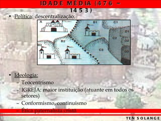 Política : descentralização; Ideologia: Teocentrismo IGREJA: maior instituição (atuante em todos os setores) Conformismo, continuismo Ética paternalista cristã 