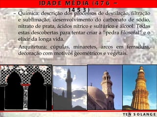 Química: descrição dos processos de destilação, filtração e sublimação; desenvolvimento do carbonato de sódio, nitrato de prata, ácidos nítrico e sulfúrico e álcool. Todas estas descobertas para tentar criar a “pedra filosofal” e o elixir da longa vida. Arquitetura: cúpulas, minaretes, arcos em ferradura, decoração com motivos geométricos e vegetais. 