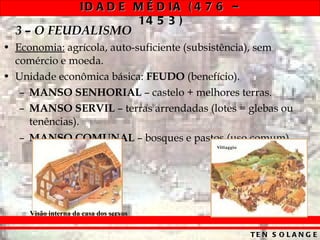 3 – O FEUDALISMO Economia:  agrícola, auto-suficiente (subsistência), sem comércio e moeda. Unidade econômica básica:  FEUDO  (benefício). MANSO SENHORIAL  – castelo + melhores terras. MANSO SERVIL  – terras arrendadas (lotes = glebas ou tenências). MANSO COMUNAL  – bosques e pastos (uso comum) Visão interna da casa dos servos 