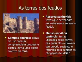 As terras dos feudos  Reserva senhorial:  terras que pertenciam exclusivamente ao senhor feudal. .  Campos abertos:  terras de uso comum. compreendiam bosques e pastos, havia uma posse coletiva da terra Manso servil ou tenência:  terras utilizadas pelos servos, das quais eles retiravam seu próprio sustento e recursos para cumprir as obrigações feudais."  