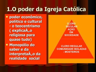 1.O poder da Igreja Católica   poder econômico, político e cultural - o teocentrismo ( explicação religiosa para quase tudo) Monopólio do saber e da interpretação da realidade  social  DIVISÃO DA IGREJA CLERO  SECULAR AÇÃO  EM  SOCIEDADE CLERO REGULAR COMUNIDADE ISOLADAS - MOSTEIROS   