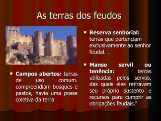 As terras dos feudos 
                                     Reserva senhorial: 
                                      terras que pertenciam 
                                      exclusivamente ao senhor 
                                      feudal. . 

                                     Manso        servil       ou
   Campos abertos:  terras           tenência:              terras 
    de       uso      comum.          utilizadas  pelos  servos, 
    compreendiam  bosques  e          das  quais  eles  retiravam 
    pastos,  havia  uma  posse        seu  próprio  sustento  e 
    coletiva da terra                 recursos  para  cumprir  as 
                                      obrigações feudais." 
 