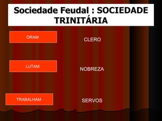 Sociedade Feudal : SOCIEDADE
        TRINITÁRIA
   ORAM
              CLERO




   LUTAM
             NOBREZA




TRABALHAM     SERVOS
 