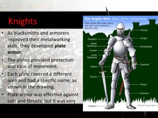 Knights
• As blacksmiths and armorers
  improved their metalworking
  skills, they developed plate
  armor.
• The plates provided protection
  and ease of movement.
• Each plate covered a different
  area and had a specific name, as
  shown in the drawing.
• Plate armor was effective against
  cuts and thrusts, but it was very
  expensive and few could afford it.
 