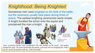 Knighthood: Being Knighted
Sometimes men were knighted on the field of the battle,
but the ceremony usually took place during times of
peace. The earliest knighting ceremonies werte simple.
A knight buckled the armor onto the squire and
proclaimed the man a knight.
 