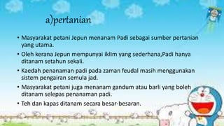 a)pertanian
• Masyarakat petani Jepun menanam Padi sebagai sumber pertanian
yang utama.
• Oleh kerana Jepun mempunyai iklim yang sederhana,Padi hanya
ditanam setahun sekali.
• Kaedah penanaman padi pada zaman feudal masih menggunakan
sistem pengairan semula jad.
• Masyarakat petani juga menanam gandum atau barli yang boleh
ditanam selepas penanaman padi.
• Teh dan kapas ditanam secara besar-besaran.
 