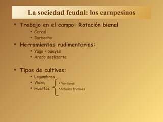 Trabajo en el campo: Rotación bienal Cereal Barbecho Herramientas rudimentarias: Yugo + bueyes Arado deslizante Tipos de cultivos: Legumbres Vides Huertos La sociedad feudal: los campesinos Verduras Árboles frutales 