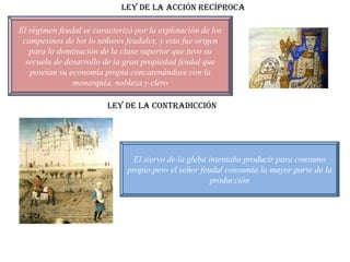 LEY DE LA ACCIÓN RECÍPROCA

El régimen feudal se caracterizó por la explotación de los
 campesinos de los lo señores feudales, y esto fue origen
   para la dominación de la clase superior que tuvo su
  secuela de desarrollo de la gran propiedad feudal que
   poseían su economía propia concatenándose con la
               monarquía, nobleza y clero

                         LEY DE LA CONTRADICCIÓN




                                 El siervo de la gleba intentaba producir para consumo
                               propio pero el señor feudal consumía la mayor parte de la
                                                        producción
 