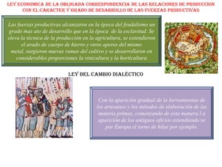 LEY ECONOMICA DE LA OBLIGADA CORRESPONDENCIA DE LAS RELACIONES DE PRODUCCION
      CON EL CARACTER Y GRADO DE DESARROLLO DE LAS FUERZAS PRODUCTIVAS

Las fuerzas productivas alcanzaron en la época del feudalismo un
grado mas ato de desarrollo que en la época de la esclavitud. Se
eleva la técnica de la producción en la agricultura, se extendieron
      el arado de cuerpo de hierro y otros aperos del mismo
 metal, surgieron nuevas ramas del cultivo y se desarrollaron en
    considerables proporciones la vinicultura y la horticultura

                           LEY DEL CAMBIO Dialéctico



                                         Con la aparición gradual de la herramientas de
                                        los artesanos y los métodos de elaboración de las
                                         materia primas, comenzando de esta manera l a
                                         aparición de los antiguos oficios extendiendo se
                                            por Europa el torno de hilar por ejemplo.
 