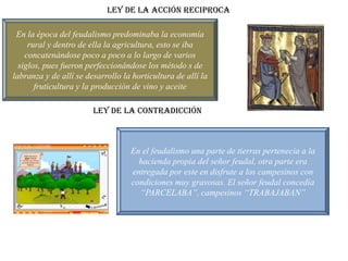Ley de la acción reciproca

 En la época del feudalismo predominaba la economía
     rural y dentro de ella la agricultura, esto se iba
    concatenándose poco a poco a lo largo de varios
  siglos, pues fueron perfeccionándose los método s de
labranza y de allí se desarrollo la horticultura de allí la
       fruticultura y la producción de vino y aceite

                        LEY DE LA CONTRADICCIÓN



                                   En el feudalismo una parte de tierras pertenecía a la
                                     hacienda propia del señor feudal, otra parte era
                                   entregada por este en disfrute a los campesinos con
                                   condiciones muy gravosas. El señor feudal concedía
                                     “PARCELABA”, campesinos “TRABAJABAN”
 