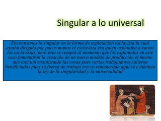 Singular a lo universal
   Encontramos lo singular en la forma de explotación esclavista la cual
estaba dirigida por pocas manos el esclavista era quien explotaba a varios
 los esclavistas, pero esto se rompió al momento que los explotados en este
 caso fomentaron la creación de un nuevo modelo de producción el mismo
    que esta universalizando las cosas pues varios trabajadores salieron
beneficiados pues su fuerza de trabajo era ya remunerada aquí se evidencia
                  la ley de la singularidad y la universalidad
 