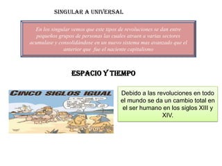 Singular a universal

  En los singular vemos que este tipos de revoluciones se dan entre
   pequeños grupos de personas las cuales atraen a varias sectores
acumulase y consolidándose en un nuevo sistema mas avanzado que el
              anterior que fue el naciente capitalismo



                 Espacio y Tiempo

                                      Debido a las revoluciones en todo
                                      el mundo se da un cambio total en
                                       el ser humano en los siglos XIII y
                                                     XIV.
 