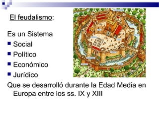 El feudalismo:
   feudalismo

Es un Sistema
 Social
 Político
 Económico
 Jurídico

Que se desarrolló durante la Edad Media en
  Europa entre los ss. IX y XIII
 