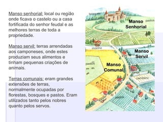 Manso senhorial: local ou região
onde ficava o castelo ou a casa
fortificada do senhor feudal e as
melhores terras de toda a
propriedade.
Manso servil: terras arrendadas
aos camponeses, onde estes
produziam seus alimentos e
tinham pequenas criações de
animais.
Terras comunais: eram grandes
extensões de terras,
normalmente ocupadas por
florestas, bosques e pastos. Eram
utilizados tanto pelos nobres
quanto pelos servos.
 