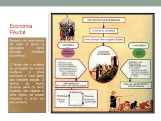 Economia
Feudal
Baseada na propriedade
da terra e tendo a
agricultura como
principal atividade
econômica.
O feudo era a unidade
de produção do mundo
medieval e onde
acontecia a maior parte
das relações sociais. O
senhor do feudo
possuía, além da terra,
riquezas em espécie e
tinha direito de cobrar
impostos e taxas em
seu território.
 