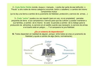 2.- Cada Señor Noble (conde, duque o marqués…) podía dar parte de ese latifundio o 
”Feudo” a otro noble de menos categoría (vizconde, barón o caballero) a cambio del mismo 
compromiso mutuo 
(yo te doy una tierra a cambio de tu juramento de fidelidad, protección y servicio de armas…) 
3.- Cada “señor” puede a su vez repartir (pero en uso, no en propiedad) parcelas 
pequeñas de tierra a sus campesinos o siervos para que las cultiven y puedan mantener a 
sus familias, a cambio de lo mismo: te cedo la parcela a cambio de tu trabajo para la 
producción de alimentos, tu servicio en el castillo cuando sea necesario, tu servicio de armas 
si el dueño está en peligro….. Y el campesino le jura fidelidad. 
¿Es un sistema de dependencia? 
Si. Todos dependen en realidad de alguien, porque entre todos se crea un juramento de 
fidelidad y ayuda a cambio de algo (tierra, normalmente). 
 