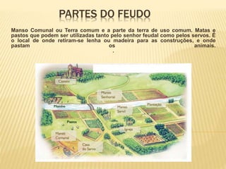 PARTES DO FEUDO
Manso Comunal ou Terra comum e a parte da terra de uso comum. Matas e
pastos que podem ser utilizadas tanto pelo senhor feudal como pelos servos. É
o local de onde retiram-se lenha ou madeira para as construções, e onde
pastam os animais.
.
 
