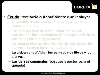 www.profesorfrancisco.es
• Feudo: territorio autosuficiente que incluye:
– Un castillo donde reside el señor (que puede ser
noble o un abad)
– Los mansos (tierras que el señor cedía a los
campesinos libres a cambio de entregar parte de la
cosecha y otras obligaciones)
– La reserva (tierras del señor donde trabajaban los
siervos a cambio de la manutención),
– La aldea donde Vivian los campesinos libres y los
siervos,
– Las tierras comunales (bosques y pastos para el
ganado)
LIBRETA
 