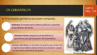 ֍ A sociedade germânica era assim composta:
CAP.14
PÁG. 174OS GERMÂNICOS
Nobreza: formada pelos líderes políticos e grandes
proprietários de terras.
Homens-livres: pequenos proprietários e
guerreiros que participavam da Assembleia;
Homens não-livres: os vencidos em guerras que viviam sob
o regime de servidão e presos à terra e os escravos - grupo
formado pelos prisioneiros de guerra.
 