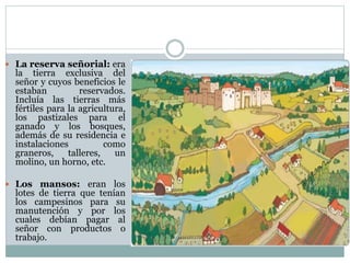  La reserva señorial: era
la tierra exclusiva del
señor y cuyos beneficios le
estaban reservados.
Incluía las tierras más
fértiles para la agricultura,
los pastizales para el
ganado y los bosques,
además de su residencia e
instalaciones como
graneros, talleres, un
molino, un horno, etc.
 Los mansos: eran los
lotes de tierra que tenían
los campesinos para su
manutención y por los
cuales debían pagar al
señor con productos o
trabajo.
 