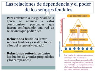 Las relaciones de dependencia y el poder
de los señores feudales
Para enfrentar la inseguridad de la
época se recurrió a estos
compromisos personales que
fueron configurando una red de
relaciones que podían ser
- Relaciones feudales (entre
señores feudales y vasallos, todos
ellos del grupo privilegiado).
- Relaciones señoriales (entre
los dueños de grandes propiedades
y los campesinos).
 