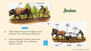  Arado romano: útil para tierras ligeras y poco
profundas. Uso en la Europa mediterránea
 Arado normando de vertedera: para tierras
pesadas y húmedas. Uso en la Europa
atlántica y central
Carmen Águila, Historia, 2º ESO
 