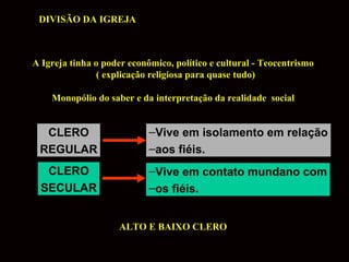 DIVISÃO DA IGREJA

A Igreja tinha o poder econômico, político e cultural - Teocentrismo
( explicação religiosa para quase tudo)
Monopólio do saber e da interpretação da realidade social

CLERO
REGULAR

–Vive em isolamento em relação
–aos fiéis.

CLERO
SECULAR

–Vive em contato mundano com
–os fiéis.
ALTO E BAIXO CLERO

 