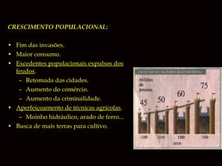 CRESCIMENTO POPULACIONAL:
• Fim das invasões.
• Maior consumo.
• Excedentes populacionais expulsos dos
feudos.
– Retomada das cidades.
– Aumento do comércio.
– Aumento da criminalidade.
• Aperfeiçoamento de técnicas agrícolas.
– Moinho hidráulico, arado de ferro...
• Busca de mais terras para cultivo.

 