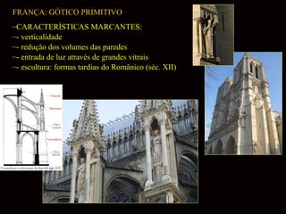 FRANÇA: GÓTICO PRIMITIVO
–CARACTERÍSTICAS MARCANTES:
–- verticalidade
–- redução dos volumes das paredes
–- entrada de luz através de grandes vitrais
–- escultura: formas tardias do Românico (séc. XII)

 