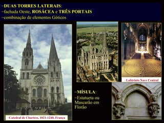 –DUAS TORRES LATERAIS:
–fachada Oeste, ROSÁCEA e TRÊS PORTAIS
–combinação de elementos Góticos

–Labirinto Nave Central

–MÍSULA:
–Estatueta ou
Mascarão em
Florão
–Catedral de Chartres, 1021-1240, França

 