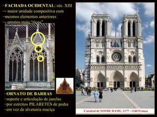 –FACHADA OCIDENTAL: séc. XIII
–- maior unidade compositiva com
–mesmos elementos anteriores
–- ornatos mais “ricos”

–ORNATO DE BARRAS
–suporte e articulação de janelas
–por estreitos PILARETES de pedra
–em vez de alvenaria maciça

–Catedral de NOTRE DAME, 1177 - 1240 França

 