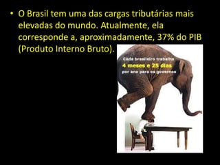 • O Brasil tem uma das cargas tributárias mais
  elevadas do mundo. Atualmente, ela
  corresponde a, aproximadamente, 37% do PIB
  (Produto Interno Bruto).
 