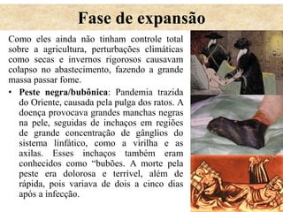 Fase de expansão
Como eles ainda não tinham controle total
sobre a agricultura, perturbações climáticas
como secas e invernos rigorosos causavam
colapso no abastecimento, fazendo a grande
massa passar fome.
• Peste negra/bubônica: Pandemia trazida
do Oriente, causada pela pulga dos ratos. A
doença provocava grandes manchas negras
na pele, seguidas de inchaços em regiões
de grande concentração de gânglios do
sistema linfático, como a virilha e as
axilas. Esses inchaços também eram
conhecidos como “bubões. A morte pela
peste era dolorosa e terrível, além de
rápida, pois variava de dois a cinco dias
após a infecção.
 