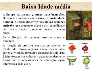 Baixa Idade média
A Europa passou por grandes transformações.
Devido à essas mudanças, a taxa de mortalidade
diminui e foram desenvolvidas novas técnicas
agrícolas que proporcionavam mais rentabilidade
em menos tempo e requeria menos trabalho
braçal.
Ex – Rotação de culturas, uso do arado e
ferradura.
A rotação de culturas consiste em alternar o
plantio de vários vegetais numa mesma área
agrícola, visando diminuir a exaustão do solo. Isto
é feito trocando as culturas a cada novo plantio de
forma que as necessidades de adubação sejam
diferentes a cada ciclo.
 