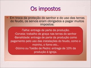 Talha: entrega de parte da produção. Corveia: trabalho de graça nas terras do senhor Banalidade: entrega de parte da produção como pagamento pelo uso das instalações do feudo, como o moinho, o forno etc.. Dízimo ou Tostão de Pedro: entrega de 10% da produção à Igreja. Em troca da proteção do senhor e do uso das terras do feudo, os servos eram obrigados a pagar muitos impostos: 