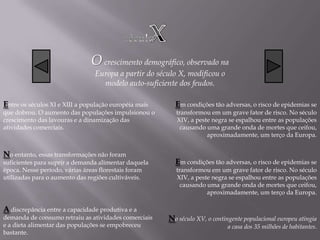 O crescimento demográfico, observado na
                                Europa a partir do século X, modificou o
                                  modelo auto-suficiente dos feudos.

Entre os séculos XI e XIII a população européia mais     Em condições tão adversas, o risco de epidemias se
que dobrou. O aumento das populações impulsionou o       transformou em um grave fator de risco. No século
crescimento das lavouras e a dinamização das             XIV, a peste negra se espalhou entre as populações
atividades comerciais.                                     causando uma grande onda de mortes que ceifou,
                                                                    aproximadamente, um terço da Europa.


No entanto, essas transformações não foram
suficientes para suprir a demanda alimentar daquela      Em condições tão adversas, o risco de epidemias se
época. Nesse período, várias áreas florestais foram      transformou em um grave fator de risco. No século
utilizadas para o aumento das regiões cultiváveis.       XIV, a peste negra se espalhou entre as populações
                                                           causando uma grande onda de mortes que ceifou,
                                                                    aproximadamente, um terço da Europa.

A discrepância entre a capacidade produtiva e a
demanda de consumo retraiu as atividades comerciais    No século XV, o contingente populacional europeu atingia
e a dieta alimentar das populações se empobreceu                             a casa dos 35 milhões de habitantes.
bastante.
 