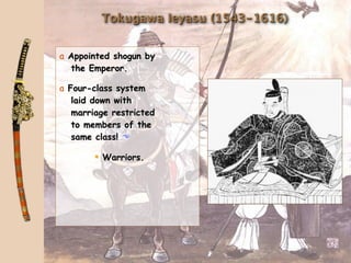 Tokugawa Ieyasu (1543-1616)


a Appointed shogun by
  the Emperor.

a Four-class system
   laid down with
   marriage restricted
   to members of the
   same class! 

         Warriors.
 
