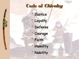 Code ofCode of ChivalryChivalry
* Justice
* Loyalty
* Defense
* Courage
* Faith
* Humility
* Nobility
 