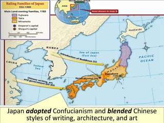 Japan adopted Confucianism and blended Chinese
styles of writing, architecture, and art
 