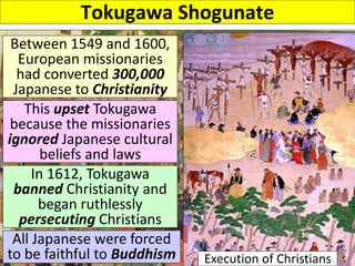 Between 1549 and 1600,
European missionaries
had converted 300,000
Japanese to Christianity
This upset Tokugawa
because the missionaries
ignored Japanese cultural
beliefs and laws
In 1612, Tokugawa
banned Christianity and
began ruthlessly
persecuting Christians
All Japanese were forced
to be faithful to Buddhism Execution of Christians
Tokugawa Shogunate
 