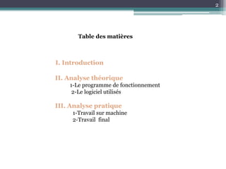 Table des matières
I. Introduction
II. Analyse théorique
1-Le programme de fonctionnement
2-Le logiciel utilisés
III. Analyse pratique
1-Travail sur machine
2-Travail final
2
 