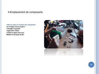 11
4-Emplacement de composants
•Mise en place et soudure des composants
Les 4 étapes d’une soudure :
•Chauffer la pastille.
•Approcher l’étain.
•L’étain se place tout seul.
Retirer le fil puis le fer.
 